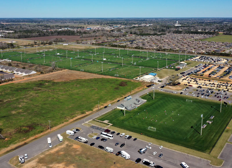 Aerial view of Foley Sports Complex soccer fields