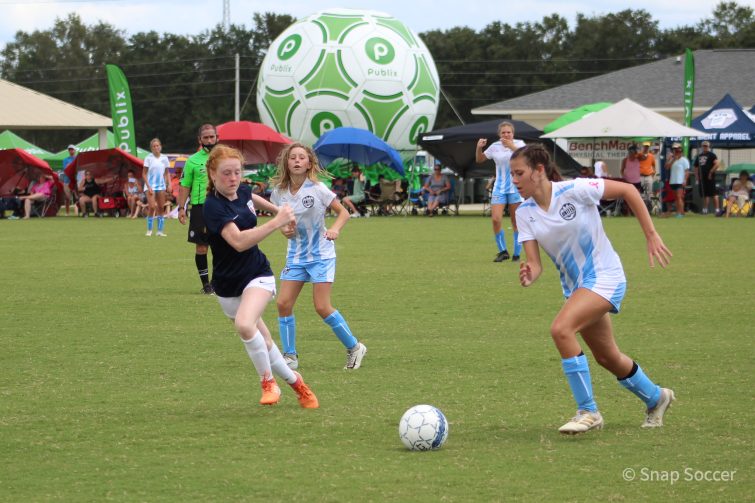 Girls playing soccer at the Publix SuperCup in Foley, Alabama.